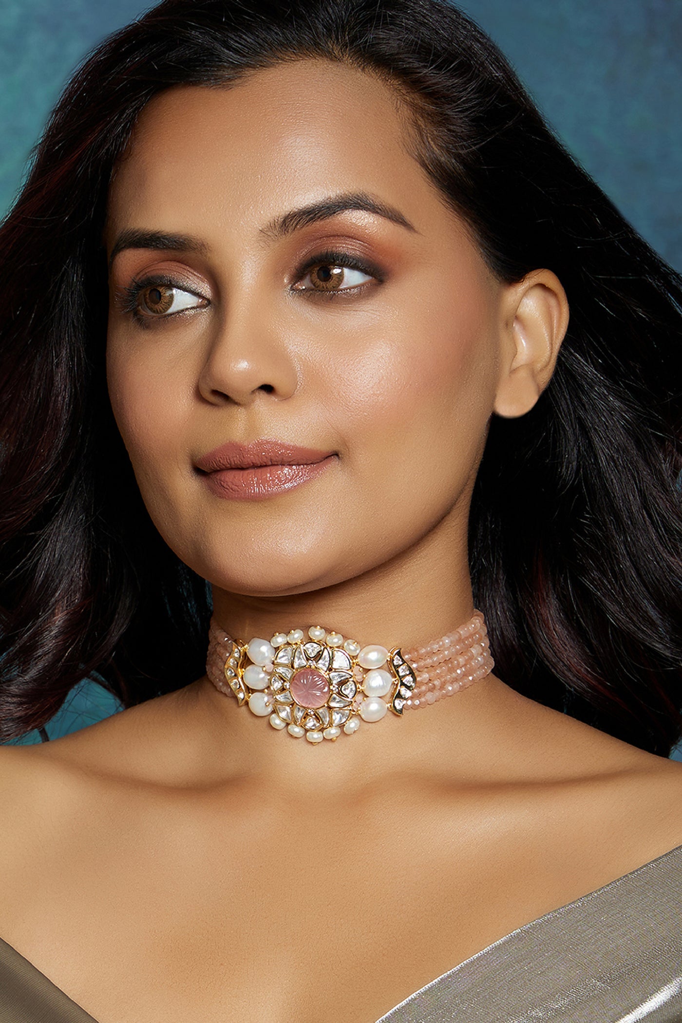  Joules by Radhika Vibrant Peach Beaded Polki Necklace jewellery indian designer wear online shopping melange singapore