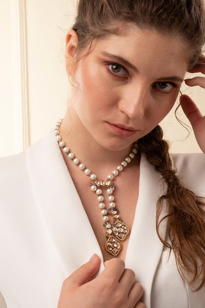 Joules by Radhika White Pearl Long Necklace With Polki jewellery indian designer wear online shopping melange singapore