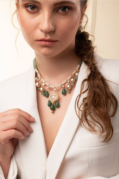 Joules by Radhika White & Green Polki Necklace jewellery indian designer wear online shopping melange singapore