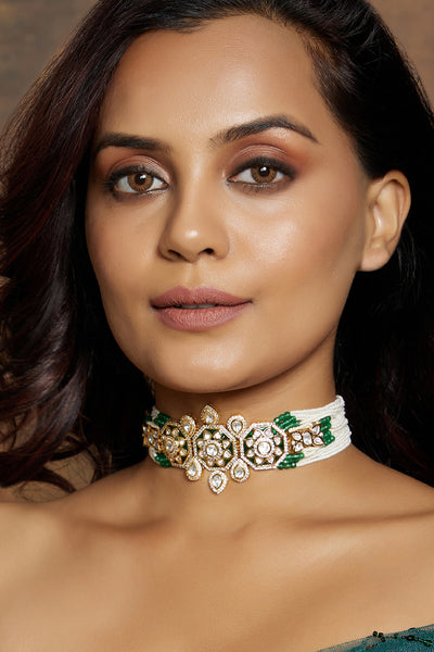  Joules by Radhika White & Green Shaded Polki Choker jewellery indian designer wear online shopping melange singapore