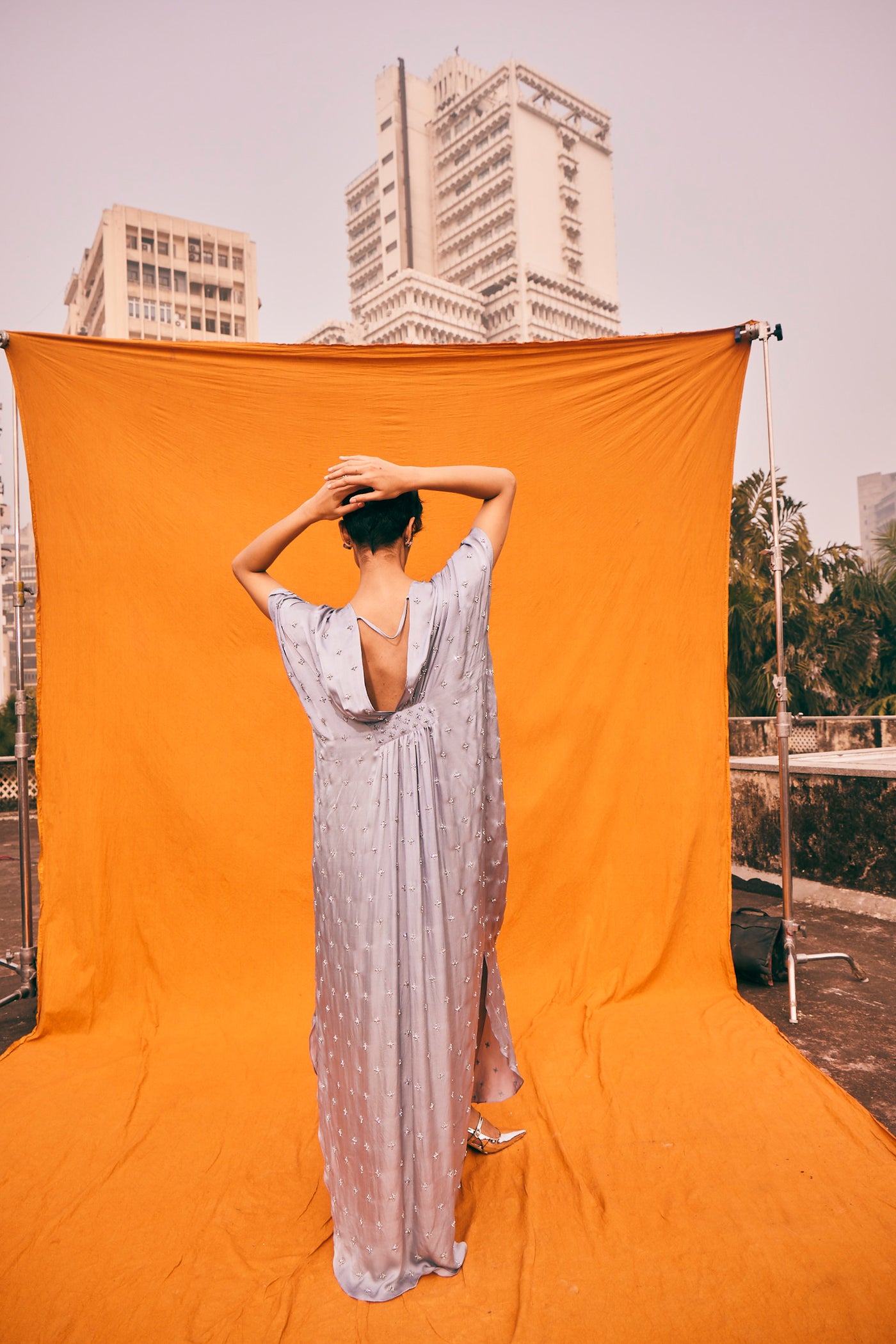 Kangana Trehan Kim Kaftan Dress In Cloud Grey indian designer wear online shopping melange singapore