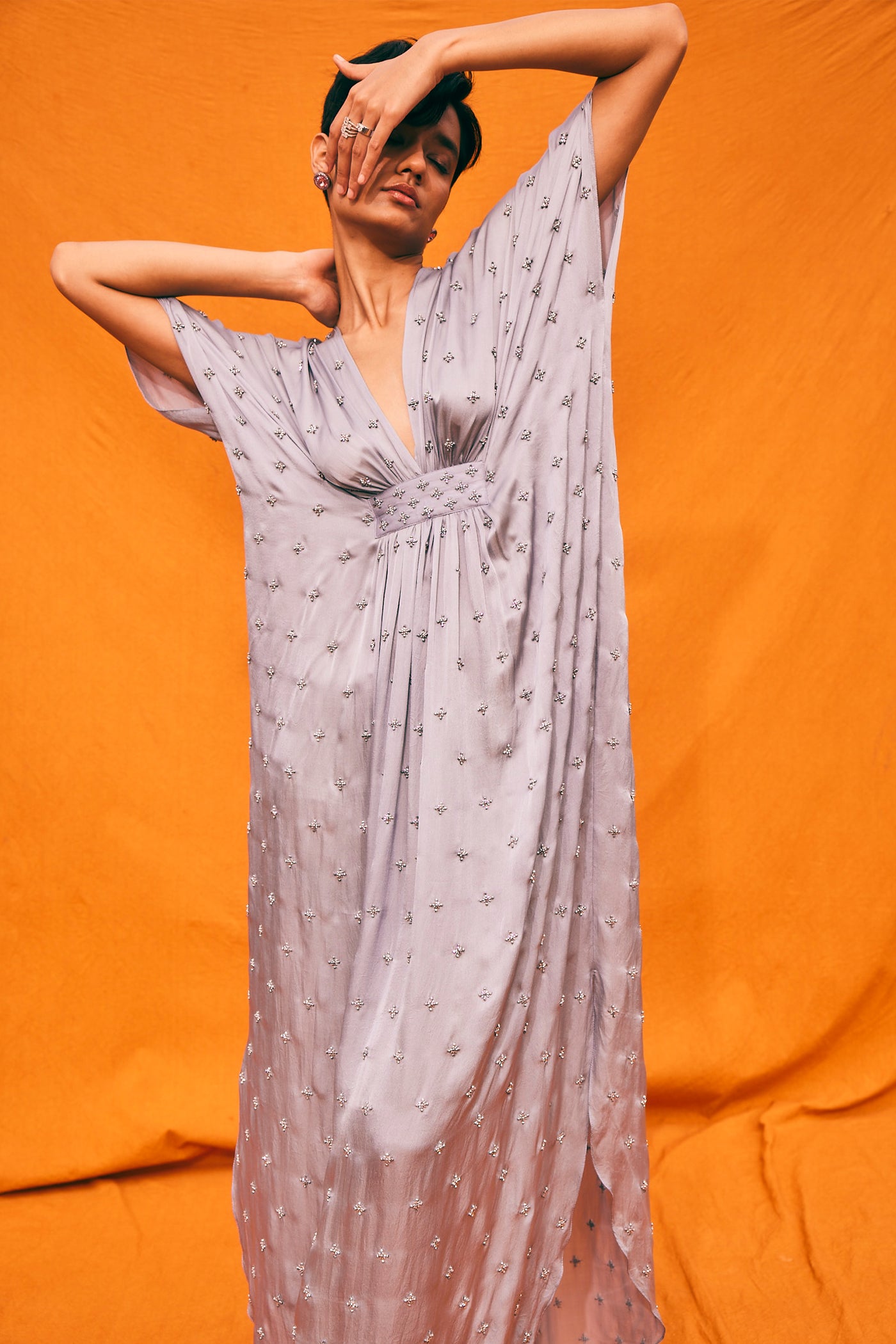 Kangana Trehan Kim Kaftan Dress In Cloud Grey indian designer wear online shopping melange singapore