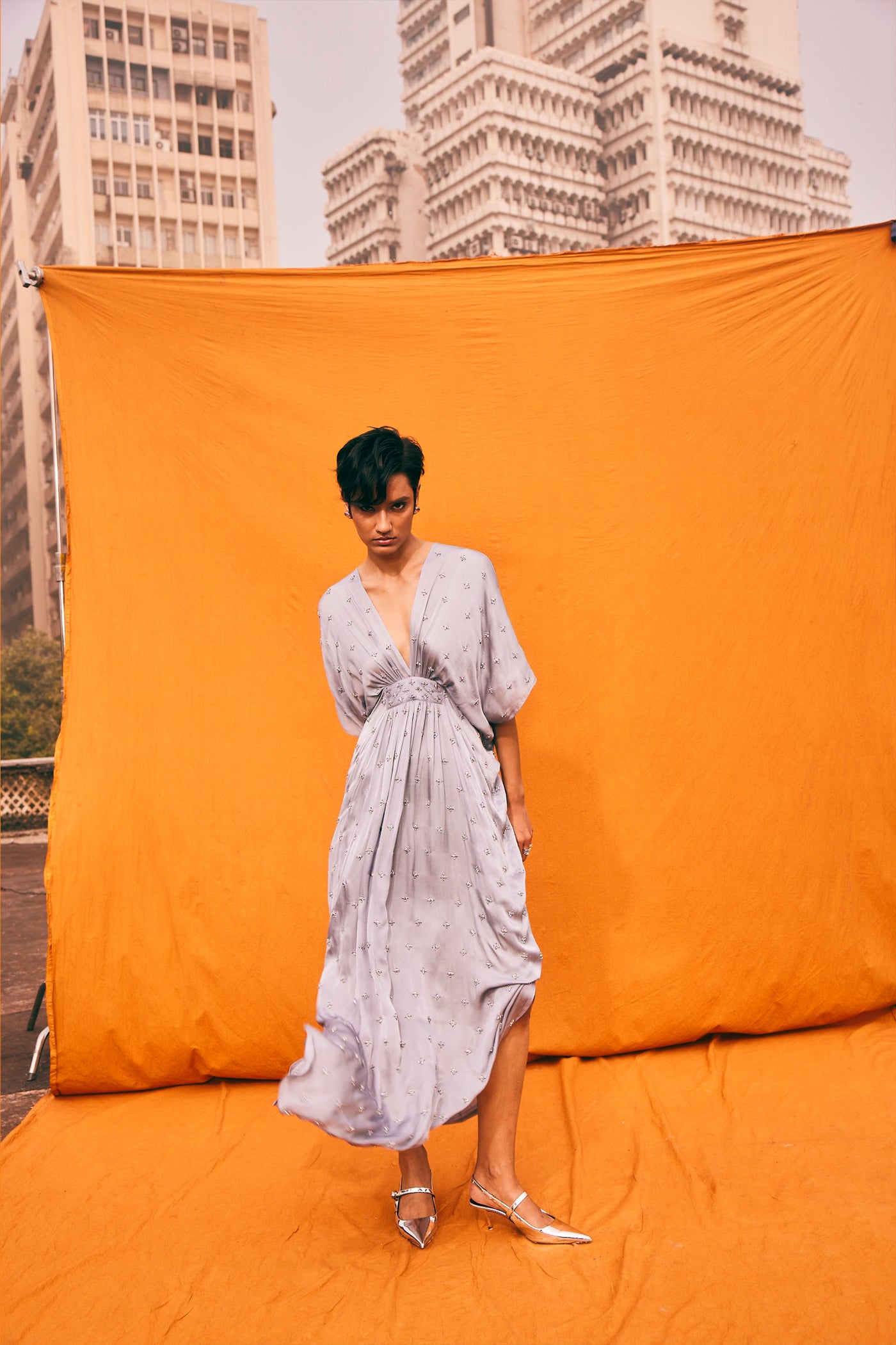 Kangana Trehan Kim Kaftan Dress In Cloud Grey indian designer wear online shopping melange singapore