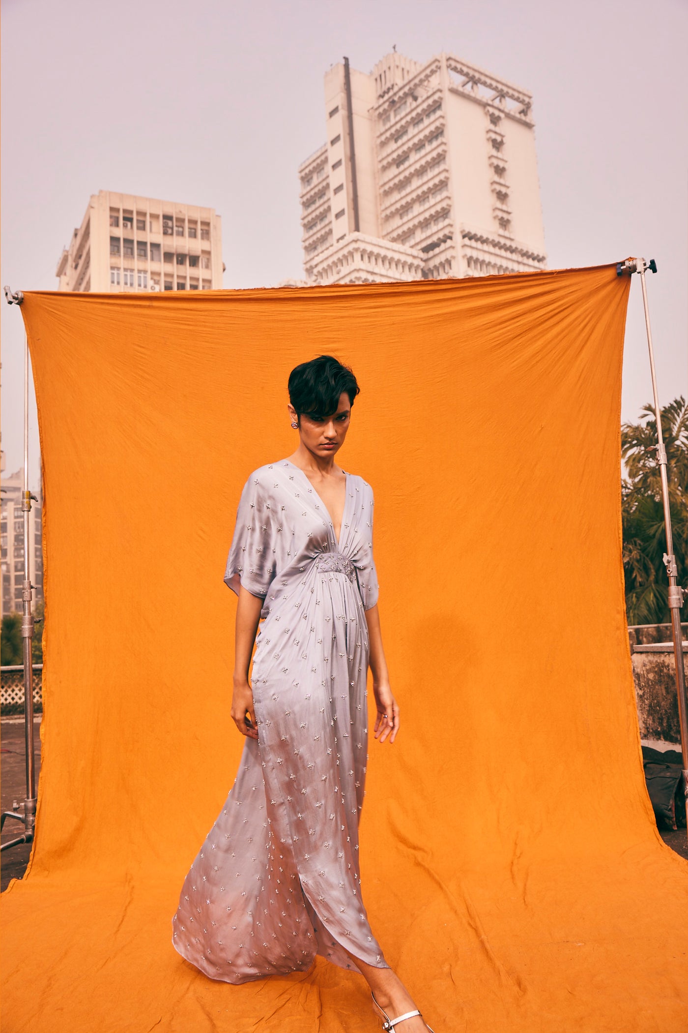 Kangana Trehan Kim Kaftan Dress In Cloud Grey indian designer wear online shopping melange singapore