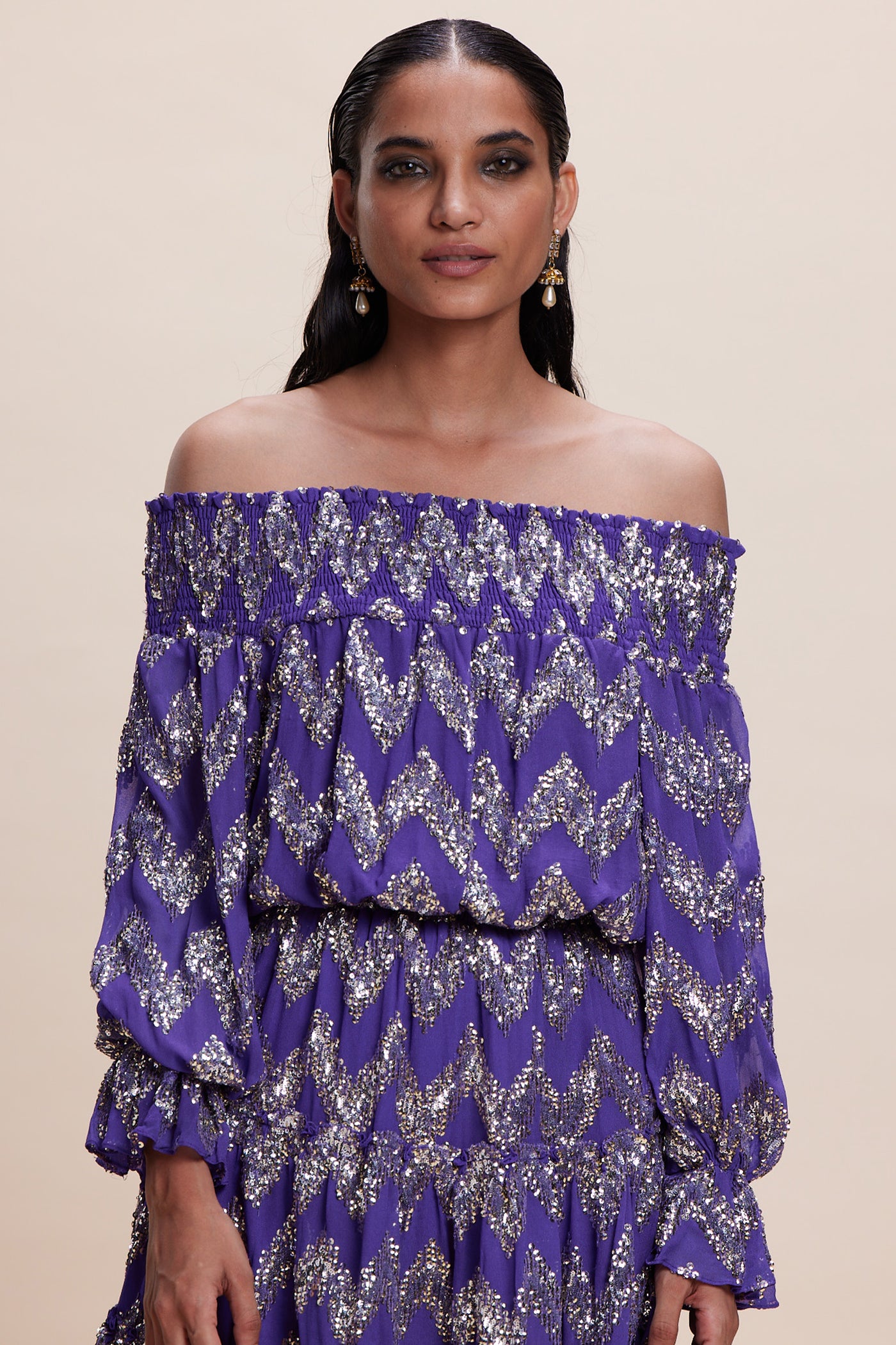 Kangana Trehan Purple Blingy Off-Shoulder Dress indian designer wear online shopping melange singapore