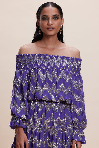 Kangana Trehan Purple Blingy Off-Shoulder Dress indian designer wear online shopping melange singapore