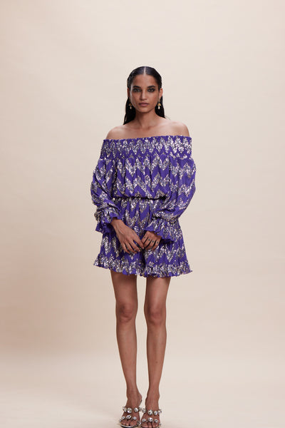Kangana Trehan Purple Blingy Off-Shoulder Dress indian designer wear online shopping melange singapore