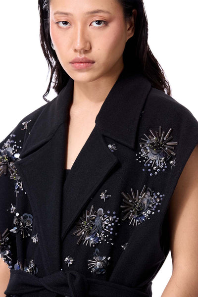 Kanika Goyal Label Black Frost Bud Sleeveless Coat indian designer wear online shopping melange singapore 