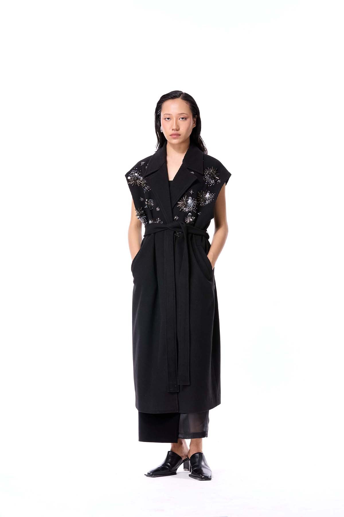 Kanika Goyal Label Black Frost Bud Sleeveless Coat indian designer wear online shopping melange singapore 