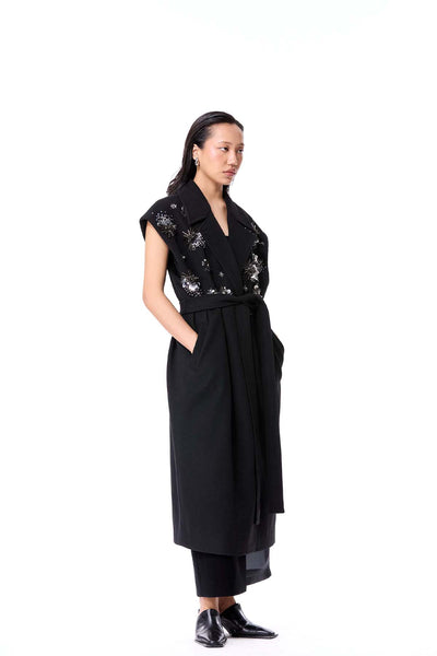 Kanika Goyal Label Black Frost Bud Sleeveless Coat indian designer wear online shopping melange singapore 
