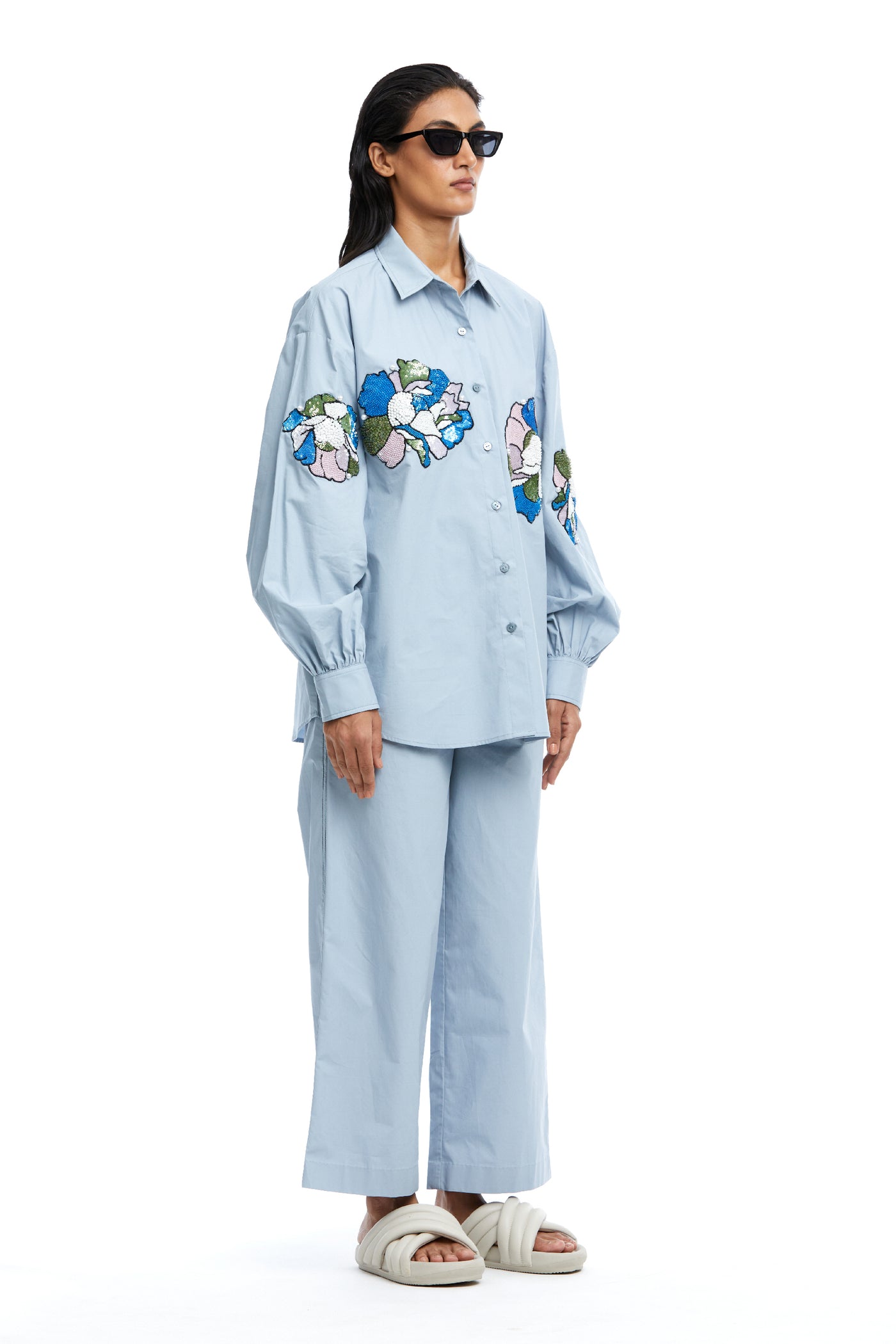 Kanika Goyal Label Aster Hand Embellished Shirt Blue indian designer wear online shopping melange singapore