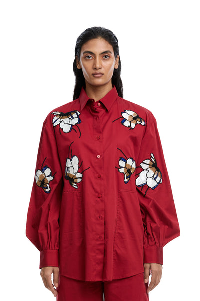 Kanika Goyal Label Clover Scatter Hand Embellished Shirt Red indian designer wear online shopping melange singapore