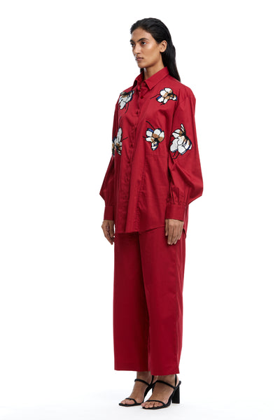 Kanika Goyal Label Clover Scatter Hand Embellished Shirt Red indian designer wear online shopping melange singapore