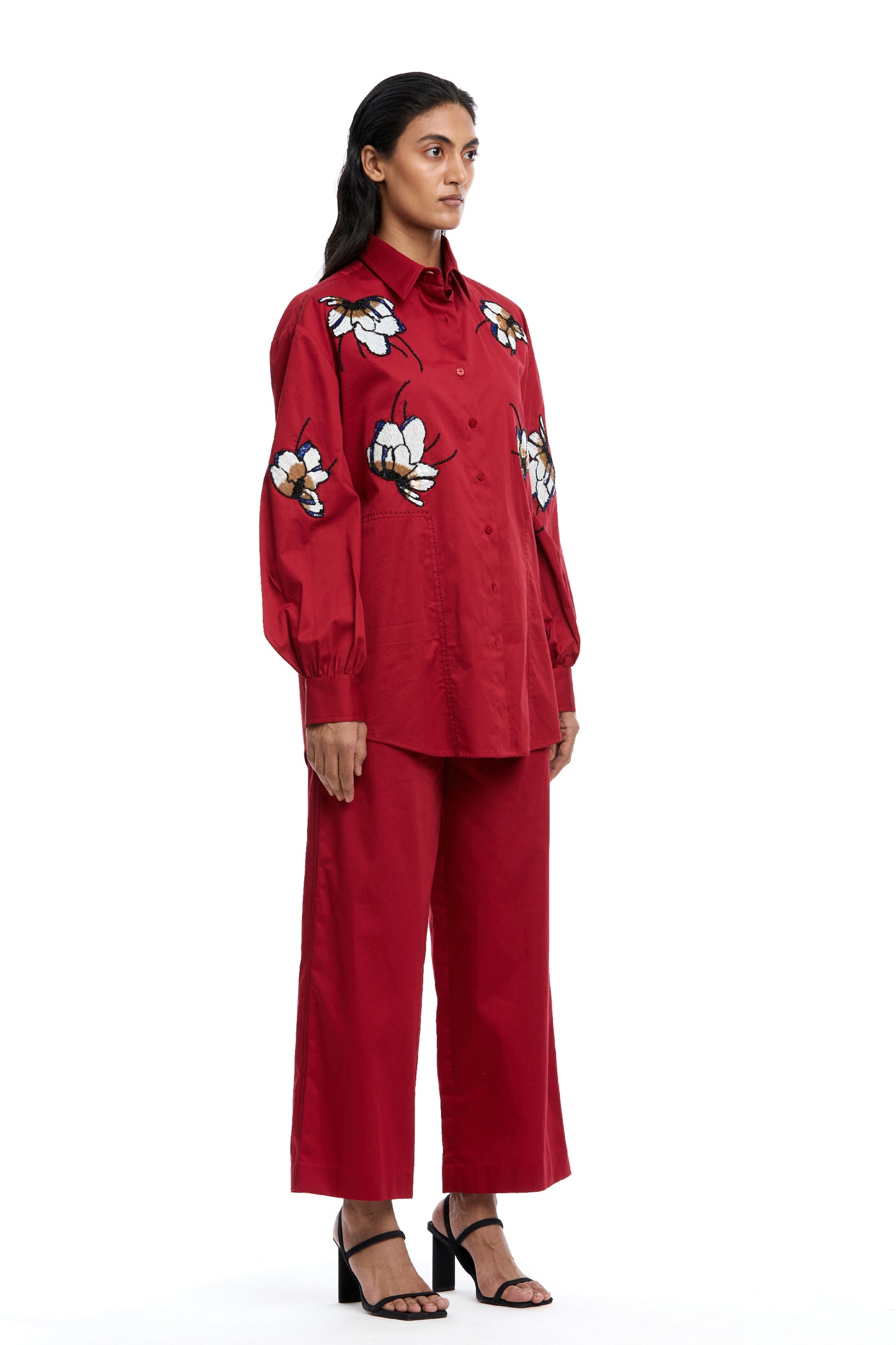 Kanika Goyal Label Clover Scatter Hand Embellished Shirt Red indian designer wear online shopping melange singapore