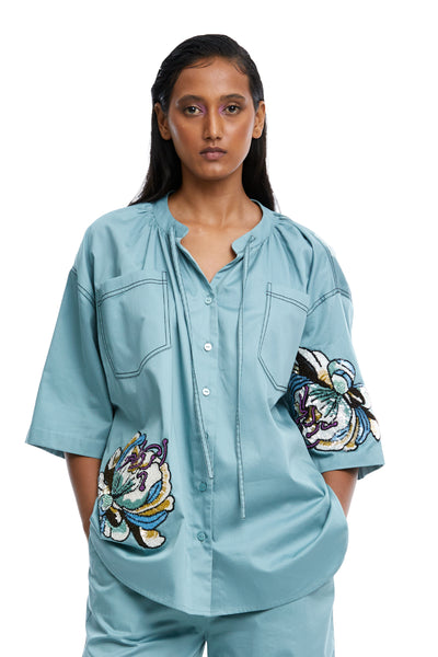 Kanika Goyal Label Elara Embellished Tie Neck Shirt Blue indian designer wear online shopping melange singapore