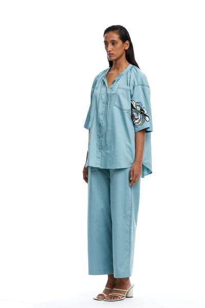Kanika Goyal Label Elara Embellished Tie Neck Shirt Blue indian designer wear online shopping melange singapore