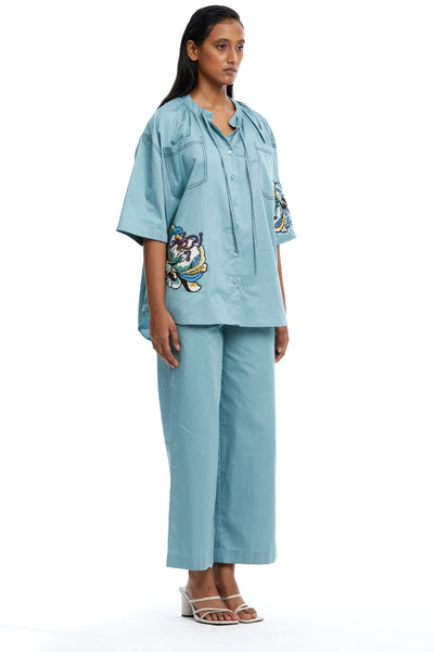 Kanika Goyal Label Elara Embellished Tie Neck Shirt Blue indian designer wear online shopping melange singapore
