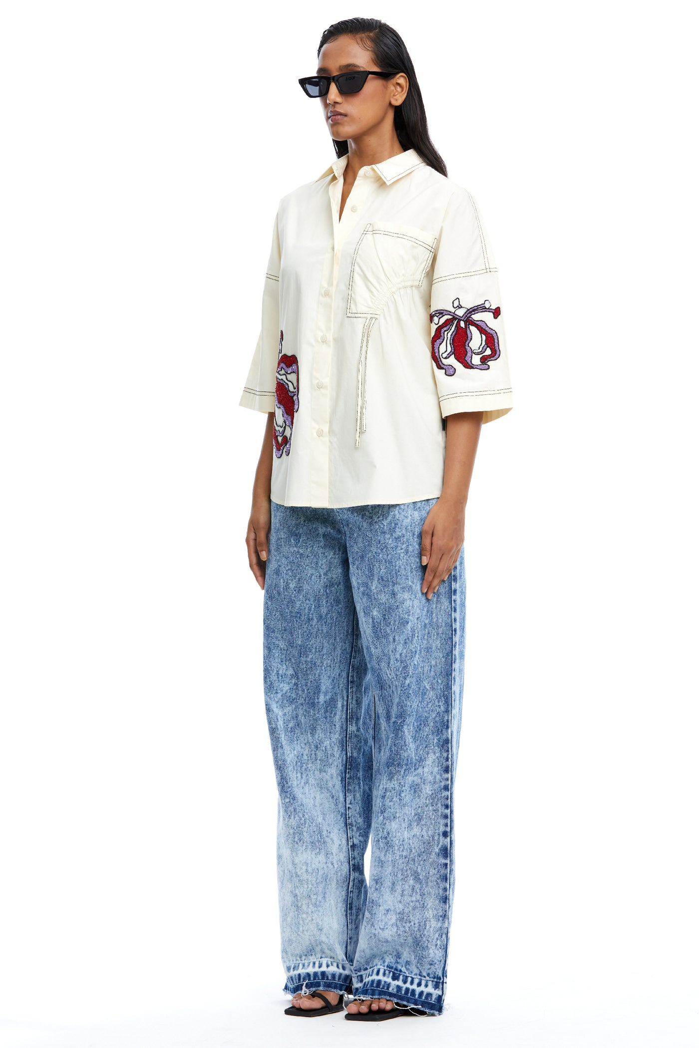 Kanika Goyal Label Iris Embellished Ruched Pocket Shirt Off White indian designer wear online shopping melange singapore