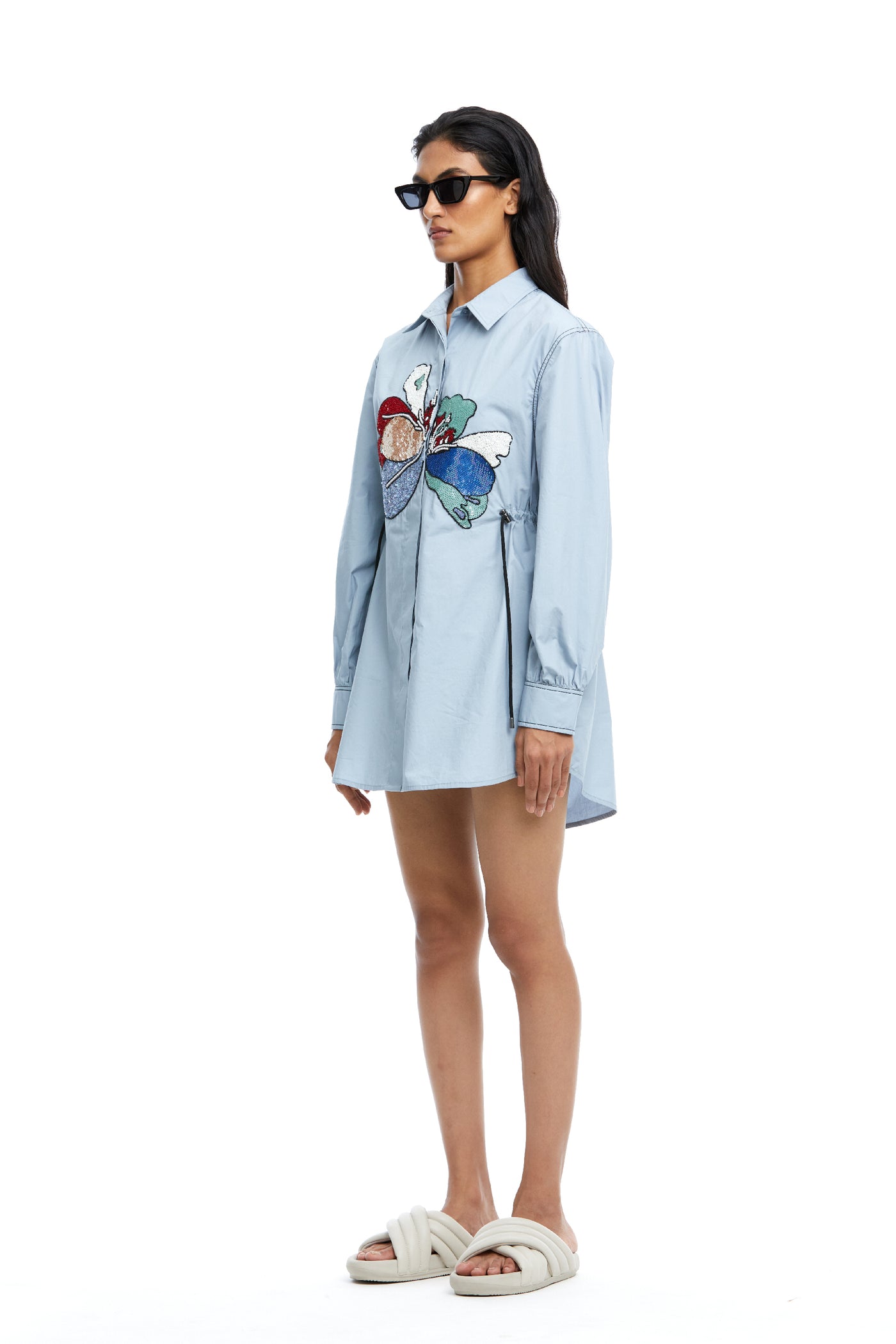 Kanika Goyal Label Peonies Hand Embellished Shirt Blue indian designer wear online shopping melange singapore