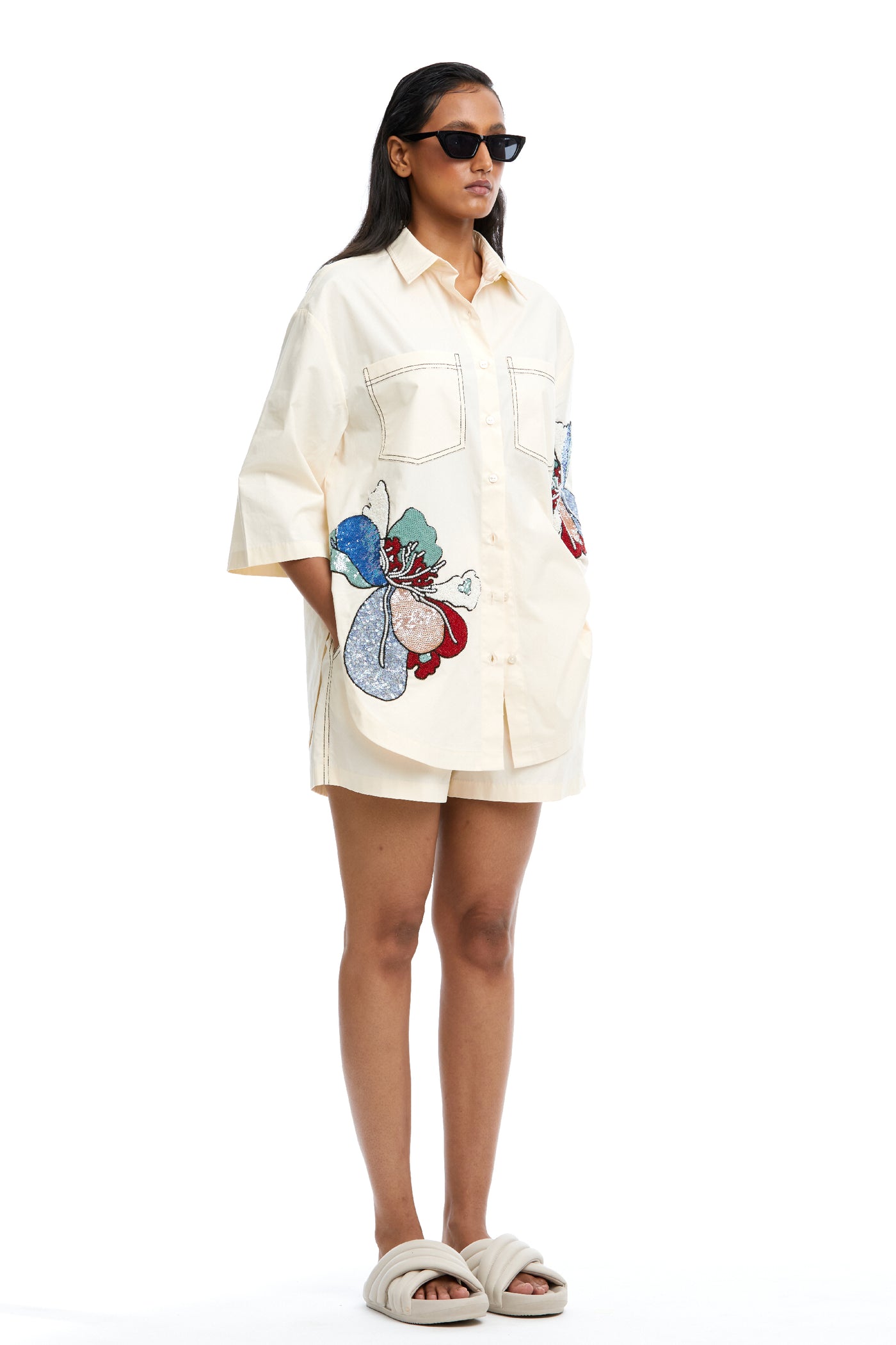 Kanika Goyal Label Twin Peonies Hand Embellished Shirt indian designer wear online shopping melange singapore