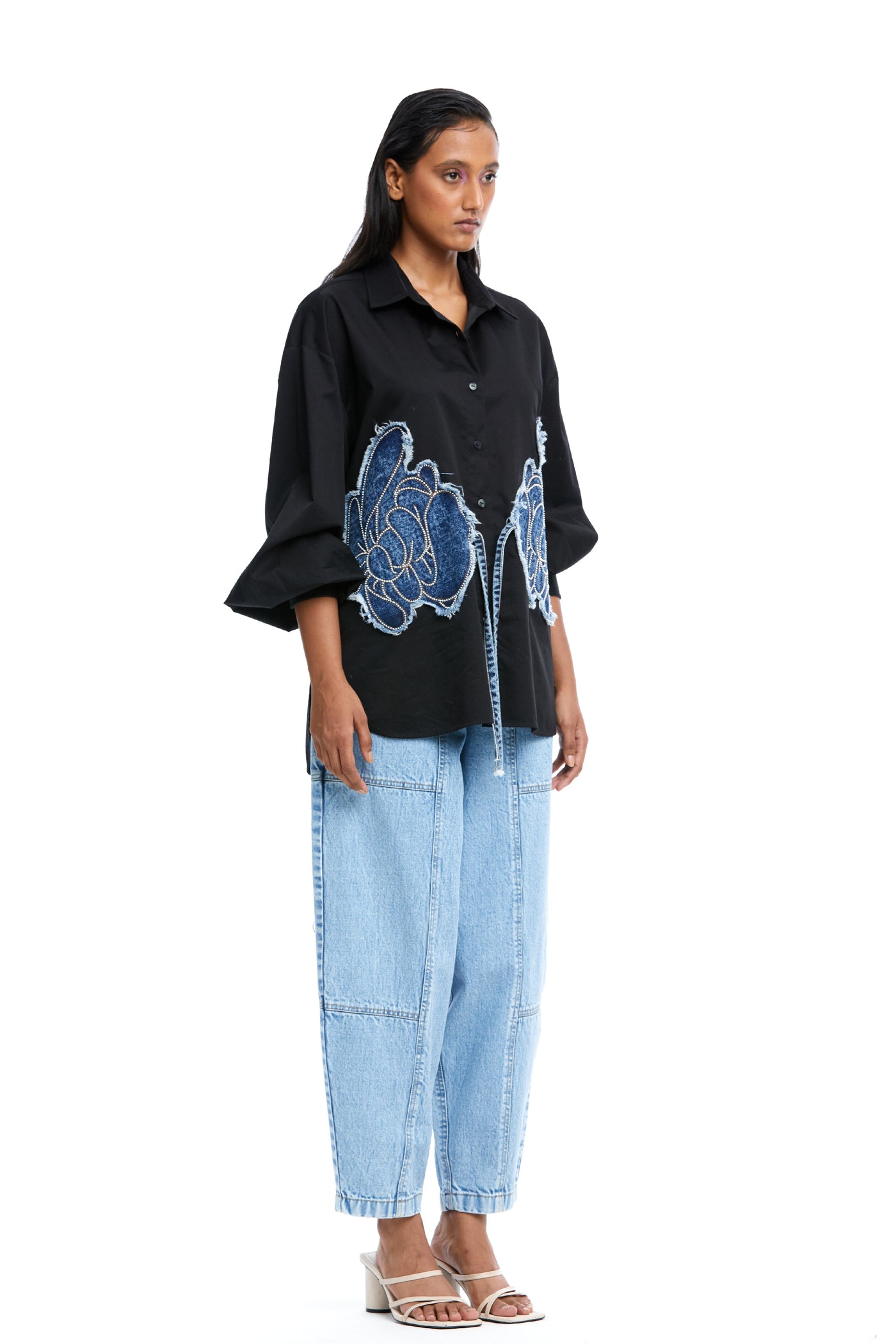 Kanika Goyal Label Warped Vine Denim Appliqué Shirt Black indian designer wear online shopping melange singapore