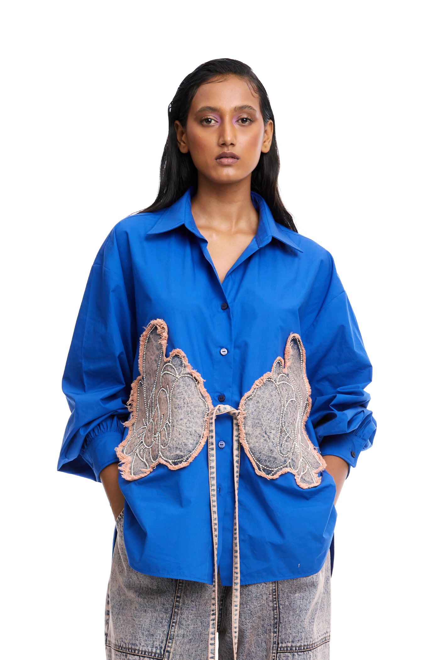 Kanika Goyal Label Warped Vine Denim Appliqué Shirt Blue indian designer wear online shopping melange singapore