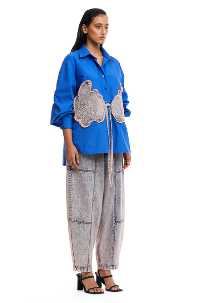 Kanika Goyal Label Warped Vine Denim Appliqué Shirt Blue indian designer wear online shopping melange singapore