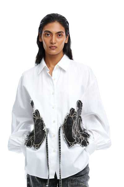 Kanika Goyal Label Warped Vine Denim Appliqué Shirt indian designer wear online shopping melange singapore