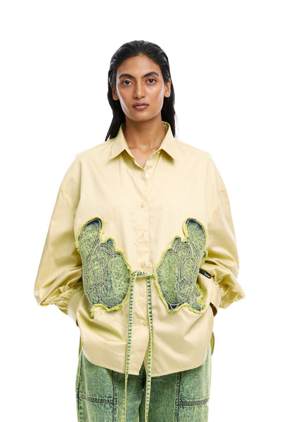 Kanika Goyal Label Warped Vine Denim Appliqué Shirt Yellow indian designer wear online shopping melange singapore