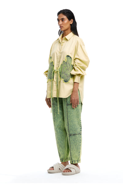 Kanika Goyal Label Warped Vine Denim Appliqué Shirt Yellow indian designer wear online shopping melange singapore