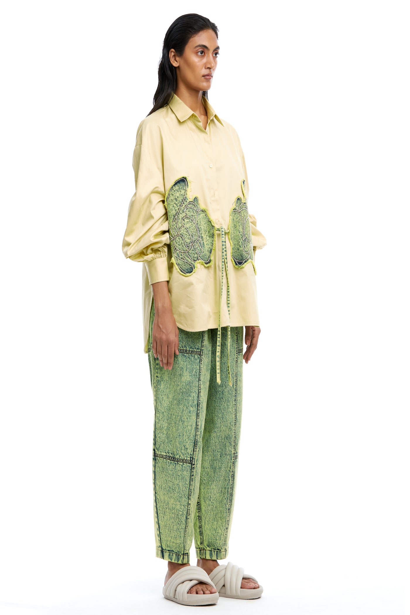 Kanika Goyal Label Warped Vine Denim Appliqué Shirt Yellow indian designer wear online shopping melange singapore