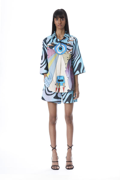 Label Kanika Goyal Evil Eye Car Print Shirt And Shorts Set indian designer wear online shopping melange singapore