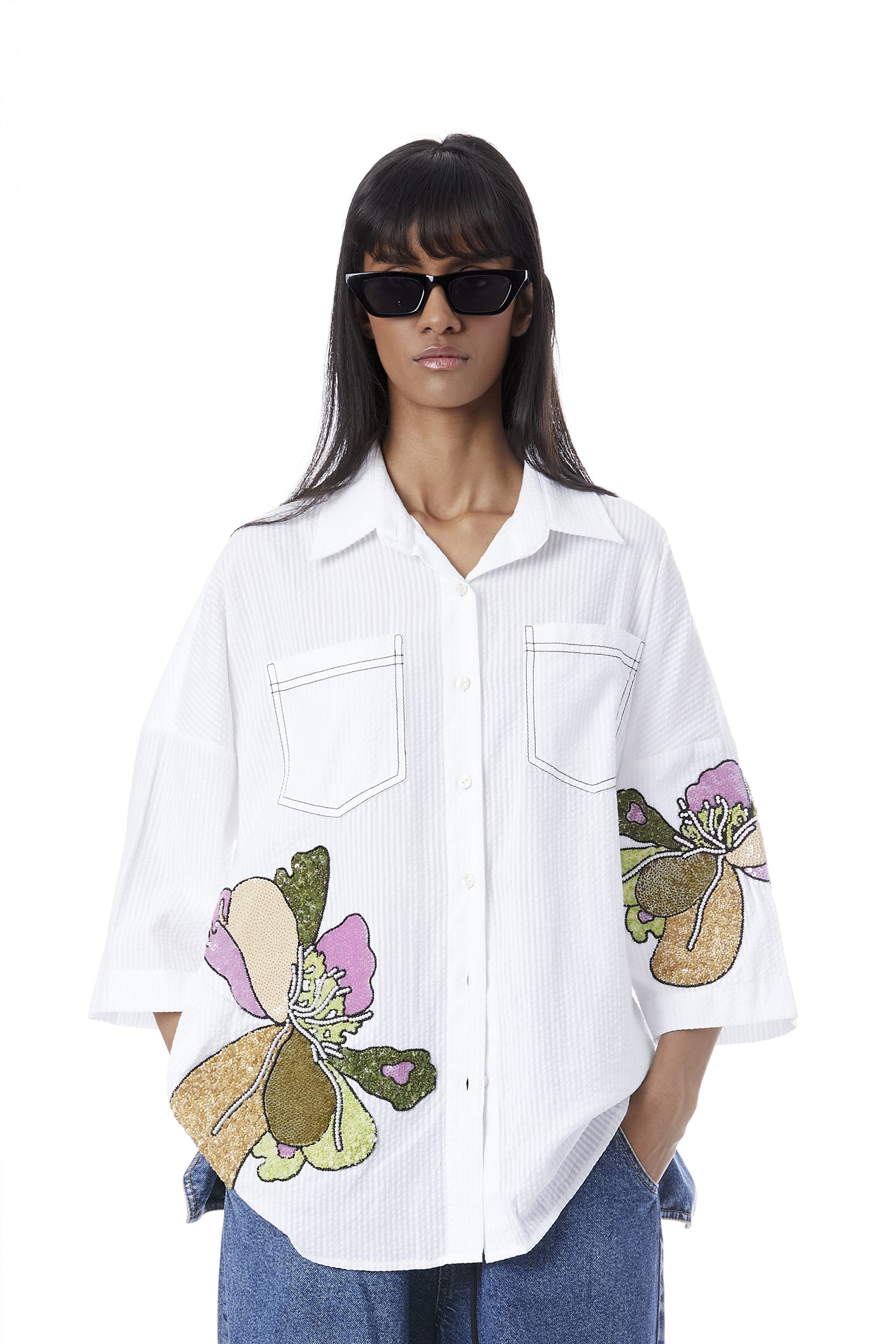 Kanika Goyal Label Twin Peonies Hand Embellished Shirt indian designer wear online shopping melange singapore