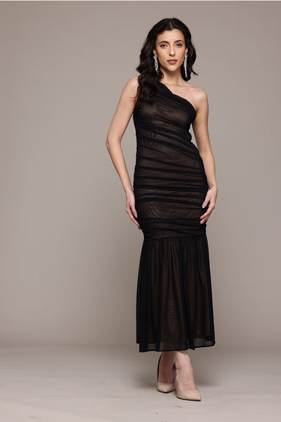 Label Ritu Kumar Black Aidette One Shoulder Dress indian designer wear online shopping melange singapore 