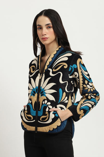 Label Ritu Kumar Black Flawie Velvet Jacket indian designer wear online shopping melange singapore
