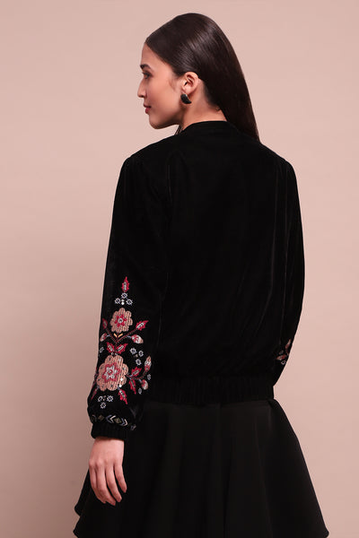 Label Ritu Kumar Black Tressa Velvet Bomber Jacket indian designer wear online shopping melange singapore