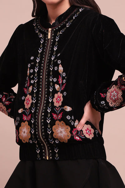 Label Ritu Kumar Black Tressa Velvet Bomber Jacket indian designer wear online shopping melange singapore