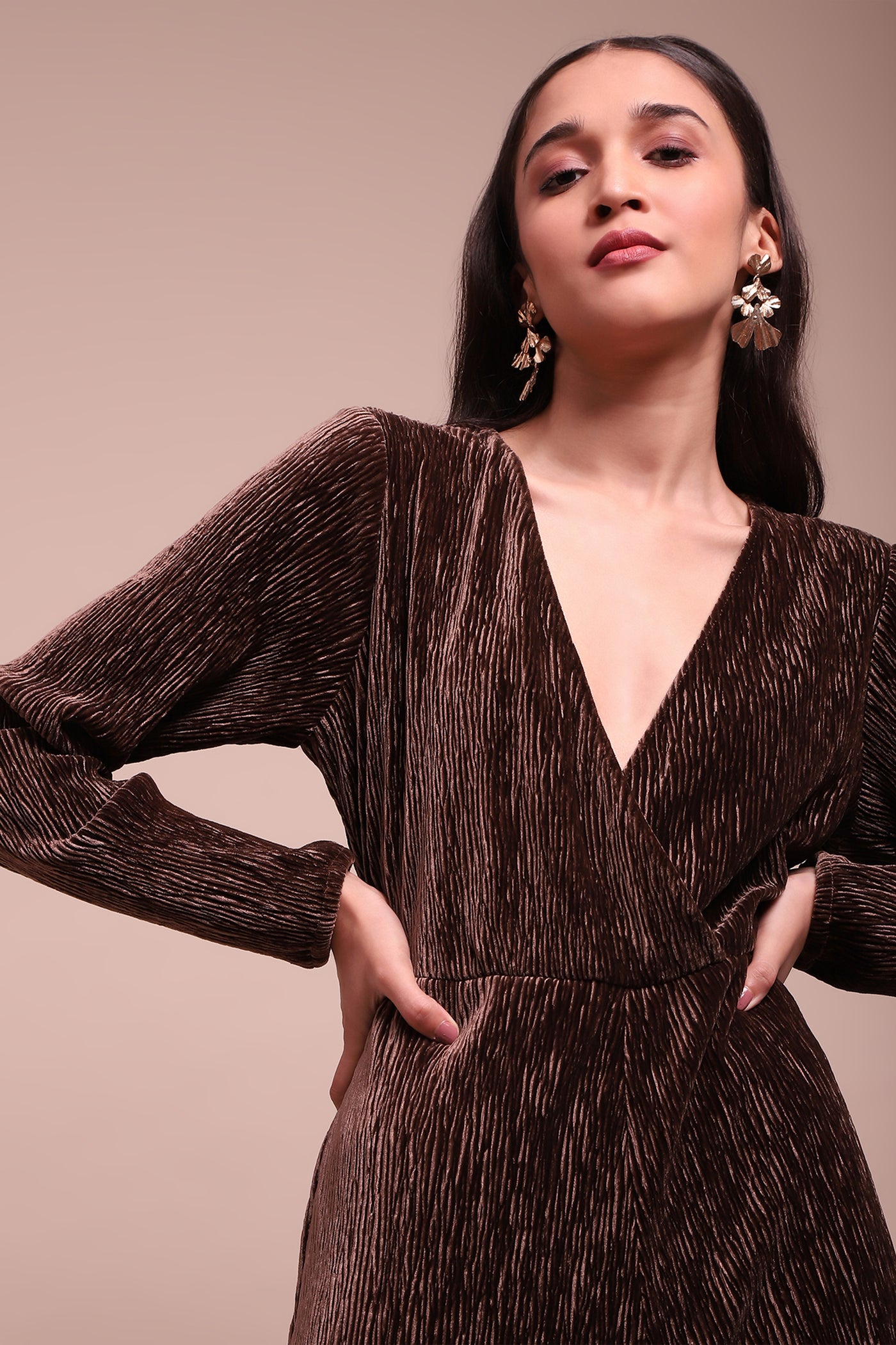 Label Ritu Kumar Brown Caren Velvet Jumpuit indian designer wear online shopping melange singapore