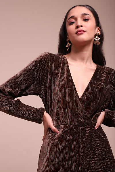 Label Ritu Kumar Brown Caren Velvet Jumpuit indian designer wear online shopping melange singapore