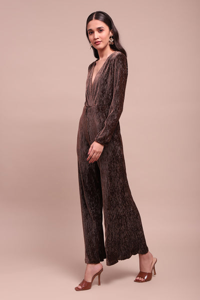 Label Ritu Kumar Brown Caren Velvet Jumpuit indian designer wear online shopping melange singapore