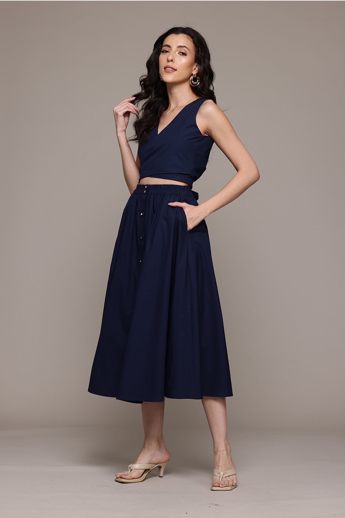Label Ritu Kumar Navy Dorena Top With Skirt Co-Ord Set indian designer wear online shopping melange singapore 