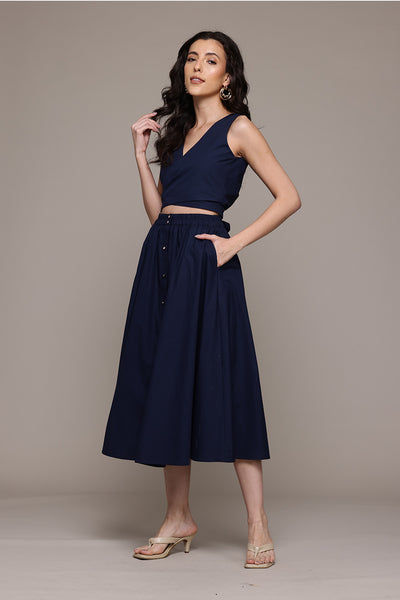 Label Ritu Kumar Navy Dorena Top With Skirt Co-Ord Set indian designer wear online shopping melange singapore 