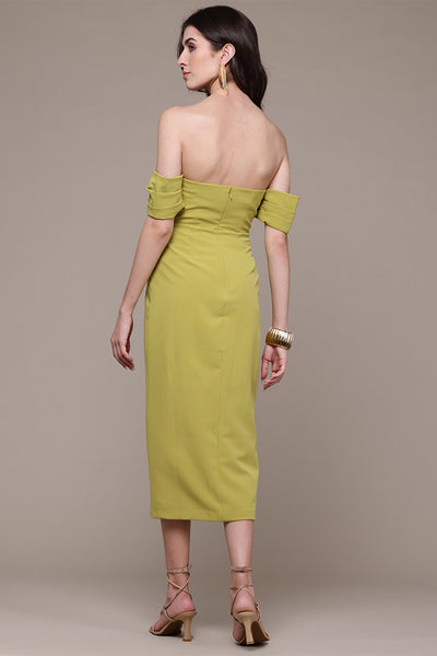 Label Ritu Kumar Neon Green Aelda Off-Shoulder Long Dress indian designer wear online shopping melange singapore 