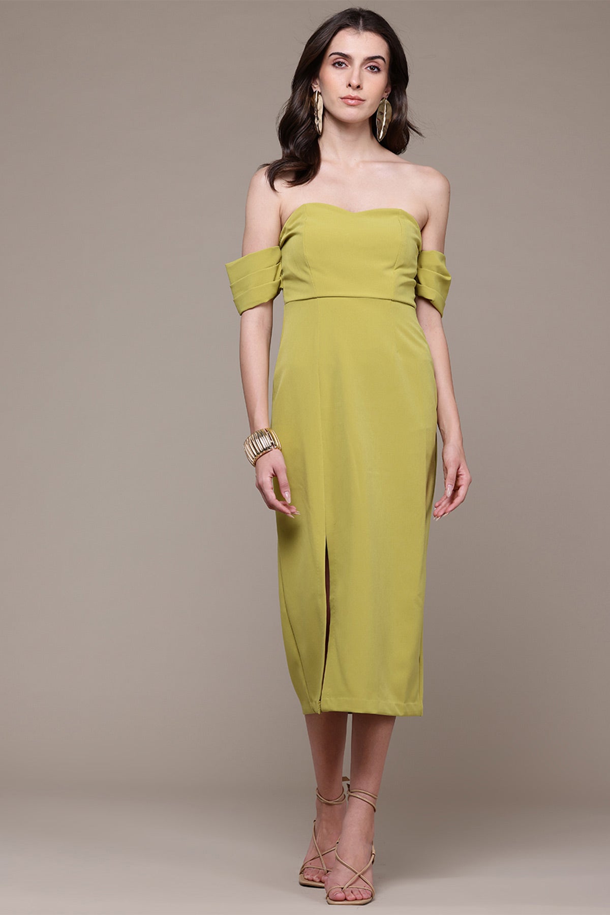 Label Ritu Kumar Neon Green Aelda Off-Shoulder Long Dress indian designer wear online shopping melange singapore 