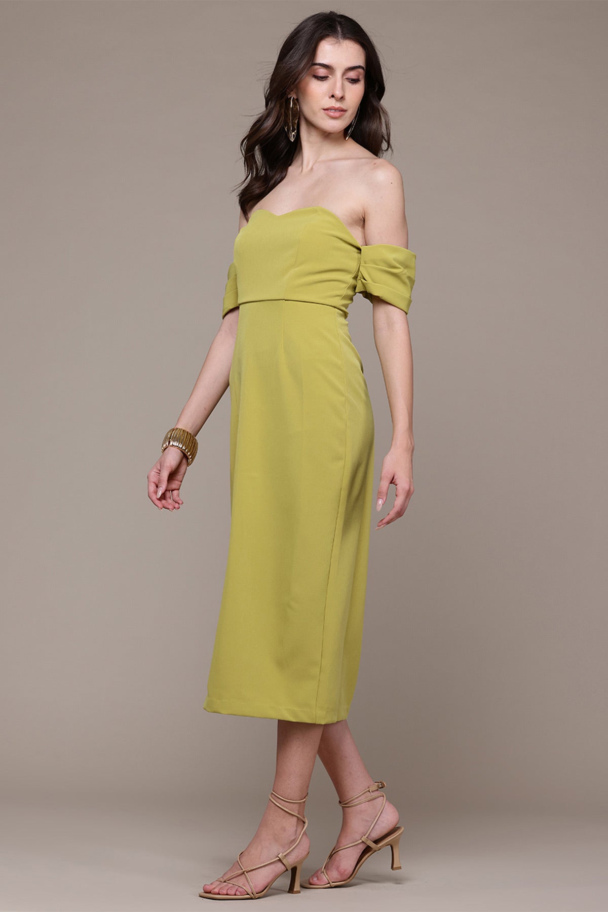 Label Ritu Kumar Neon Green Aelda Off-Shoulder Long Dress indian designer wear online shopping melange singapore 