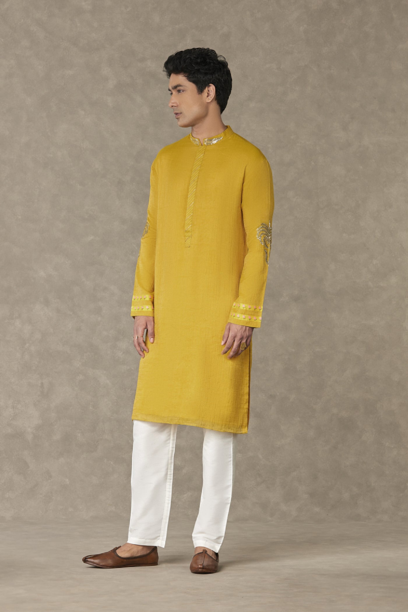 Masaba Menswear Corn Yellow Shajara Kurta Indian designer wear online shopping melange singapore