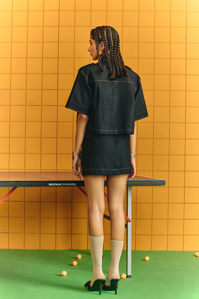 Maison Blu Black Cargo Shirt With Bold Statement Buttons With Short Skirt indian designer wear online shopping melange singapore