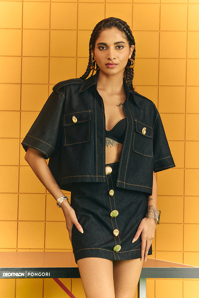 Maison Blu Black Cargo Shirt With Bold Statement Buttons With Short Skirt indian designer wear online shopping melange singapore
