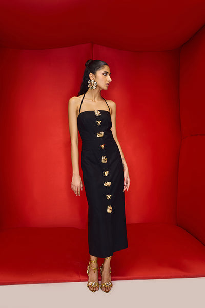 Maison Blu Black Tube Dress With Bold Statement Buttons indian designer wear online shopping melange singapore