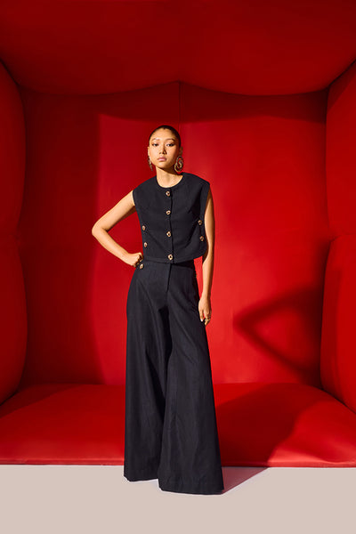 Maison Blu Boxy Bib With Bold Buttons Plus Flare Pant indian designer wear online shopping melange singapore
